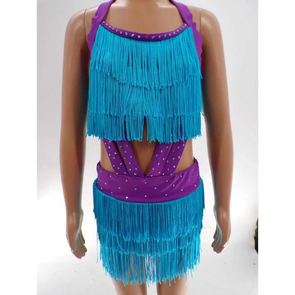 Pre-Owned Dance Costume Weissman  Intermediate Child Turquoise Fringe Jazz Tap